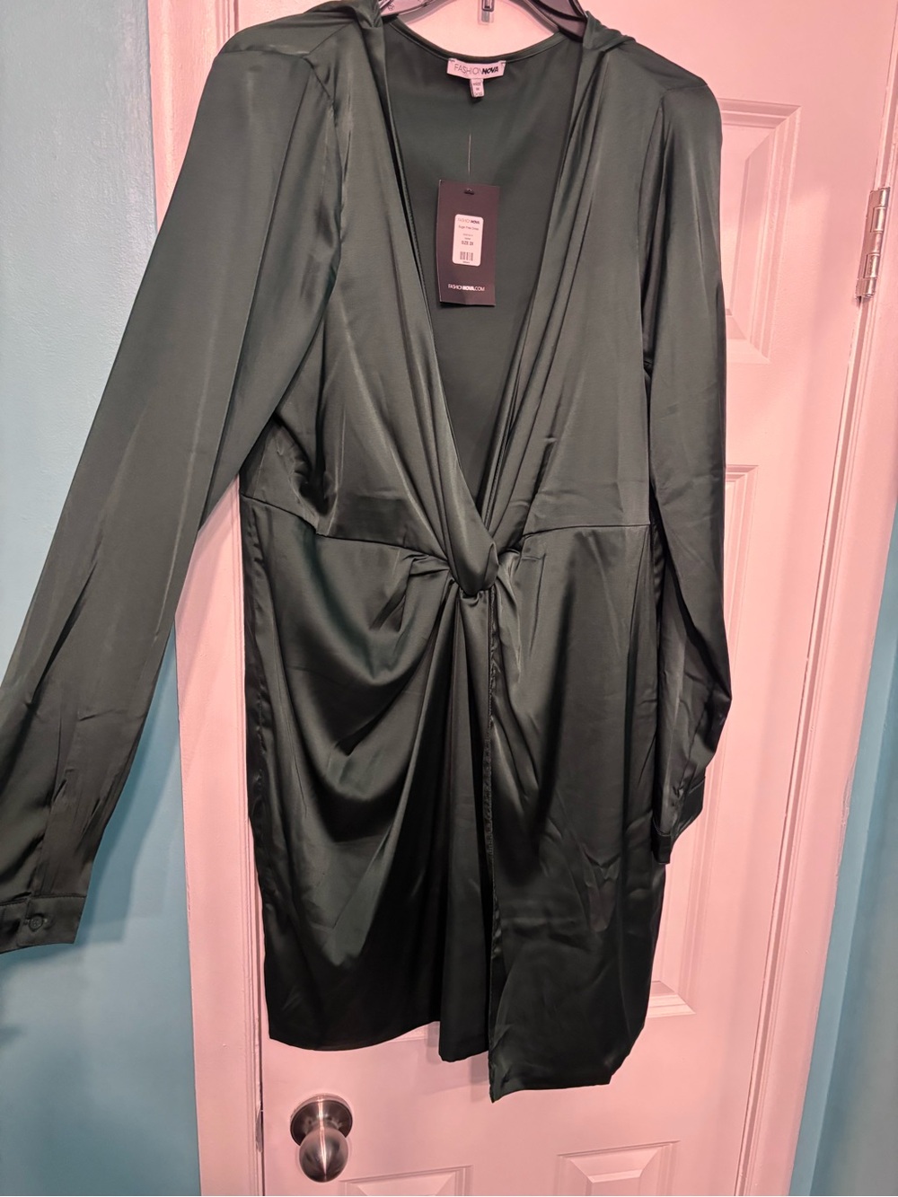 Fashion Nova Deep Green Satin Knot-Front Robe Dress